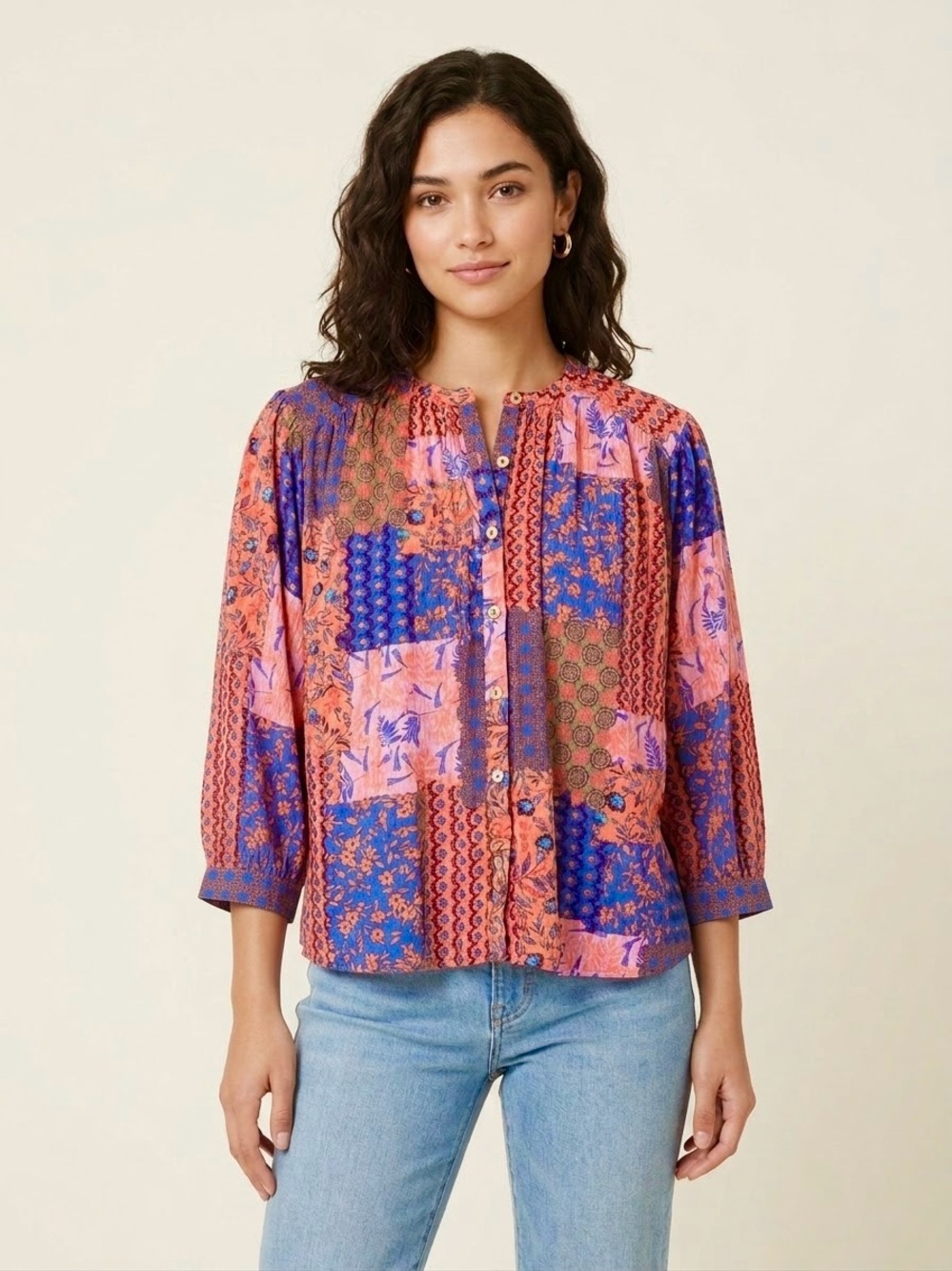 Easel Floral Patchwork Button-Front Blouse in Coral & Blue